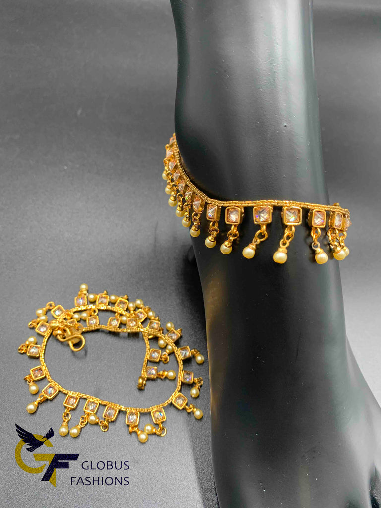 Antique look anklets with pearls and square type Kundans