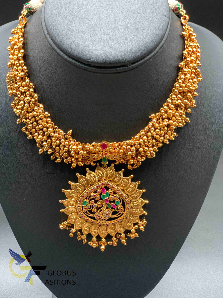 Traditional look antique Peacock and Lakshmi print design necklace set