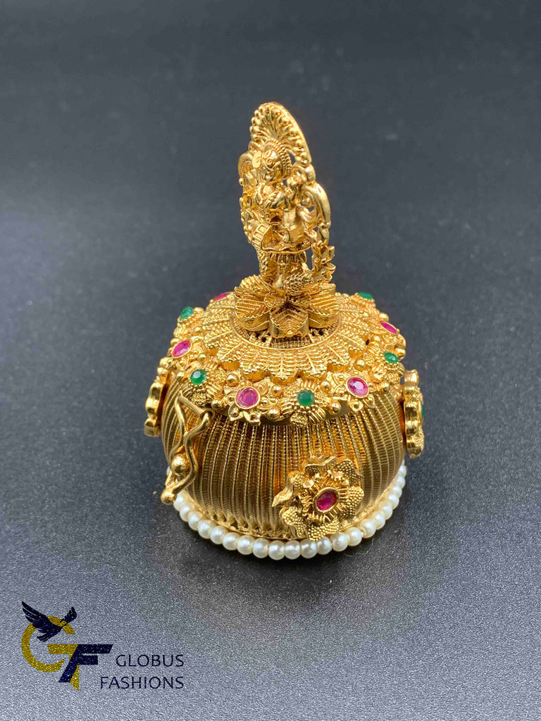 Multicolor stones and pearls with lakshmi print antique kumkum box