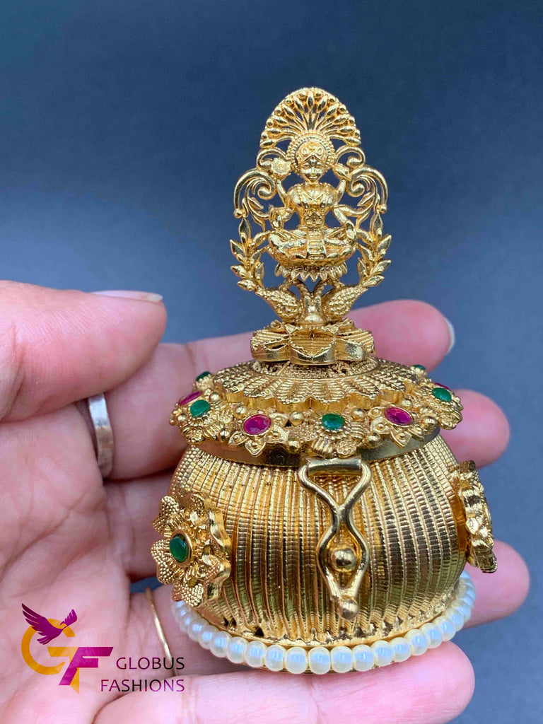 Multicolor stones and pearls with lakshmi print antique kumkum box