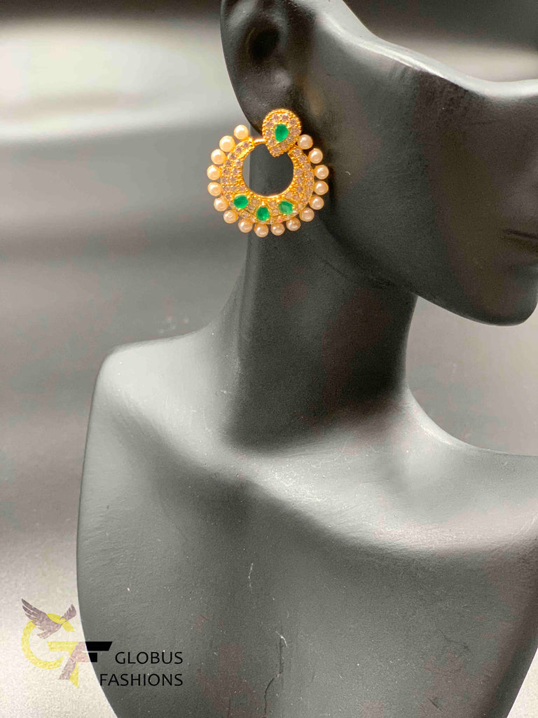 Cz stones and emerald stones with pearls chandbali earrings