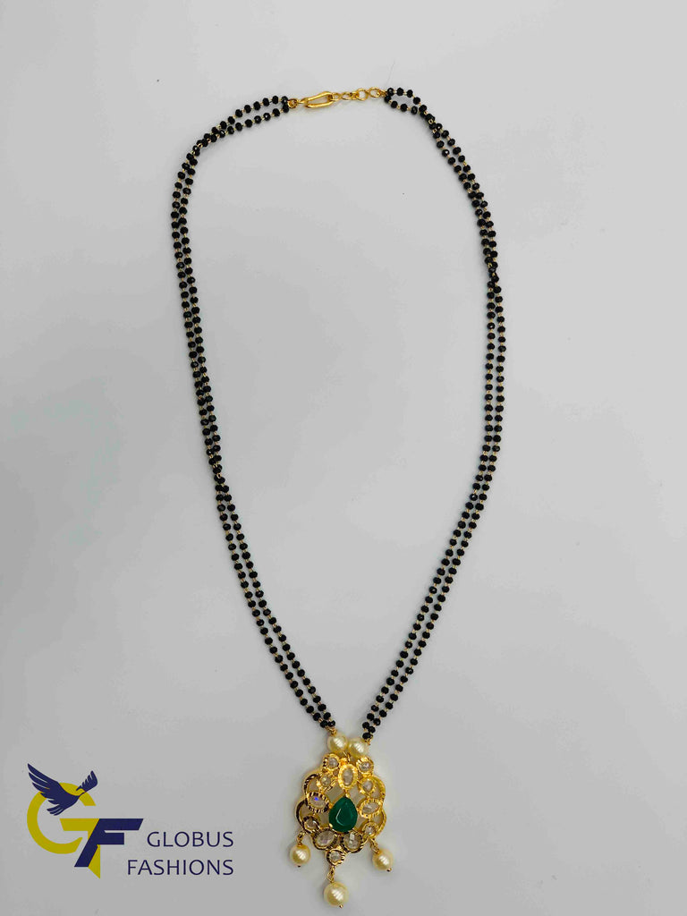 Uncut cz stones and emerald stones pendant with double line black diamond beads chain