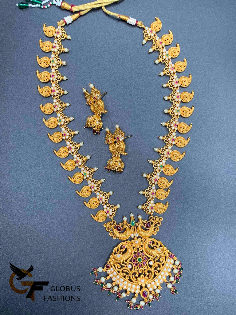 Traditional and antique look peacock and mango design long necklace set