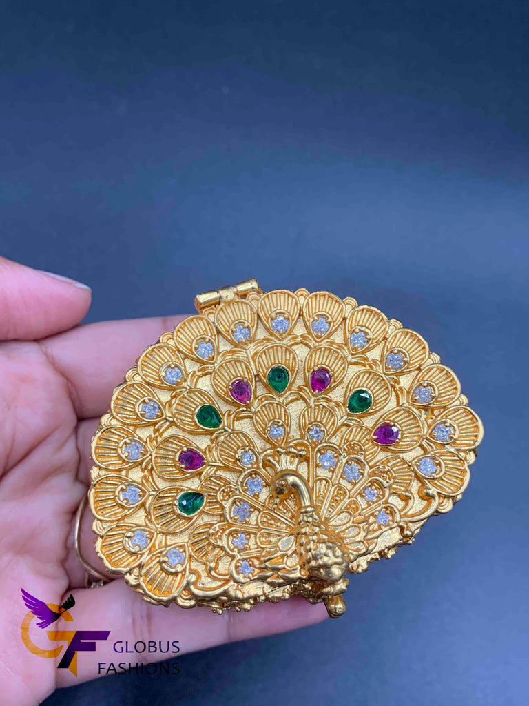 Gold & Stones peacock design kumkum box Handmade item