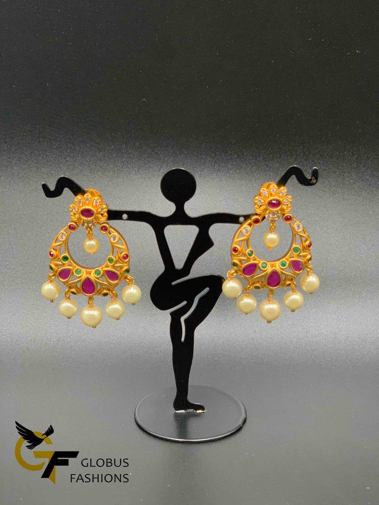 Traditional look multicolor stones and pearls chandbali earrings