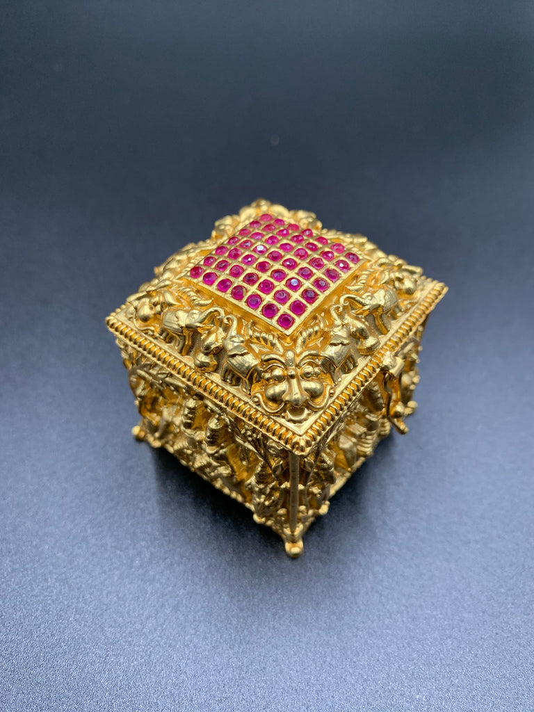 Siva & Parvathi parivar print with ruby stones square shape kumkum & Turmeric box