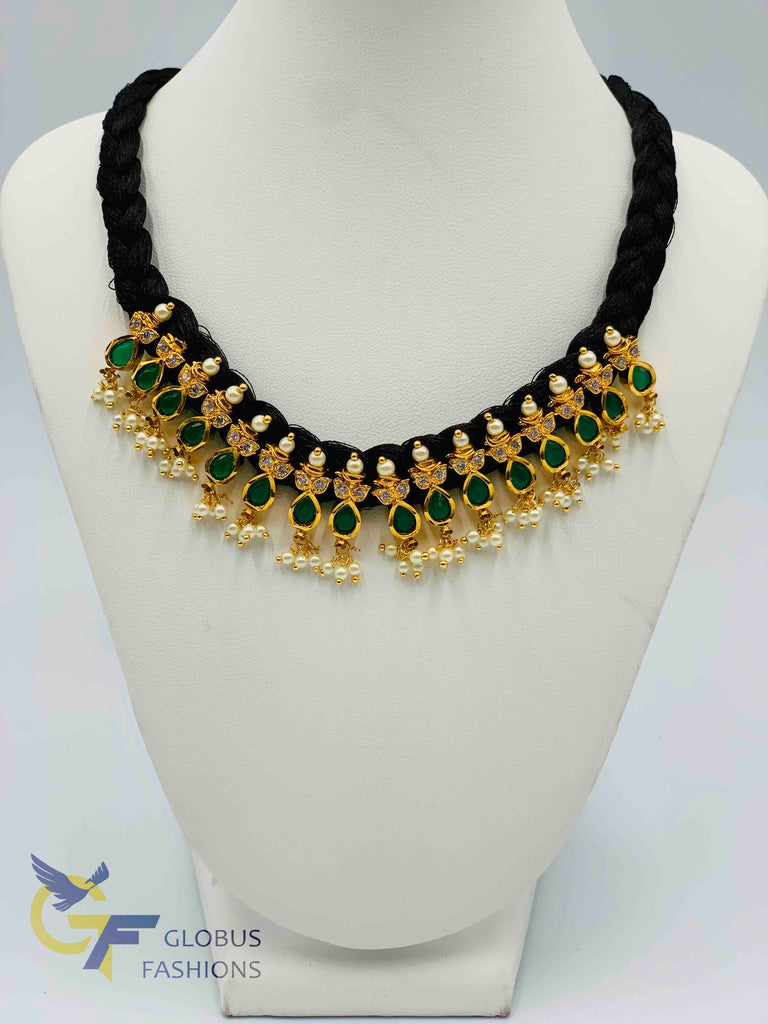 Emeralds and cz stones with pearls pendants with black silk thread braided chain