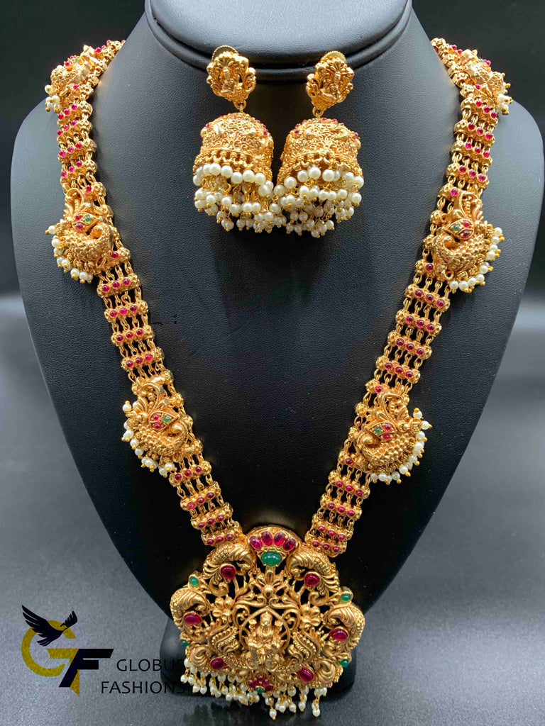 Traditional and antique design LAKSHMI print with pearls and multicolor stones long necklace and matching jumka set