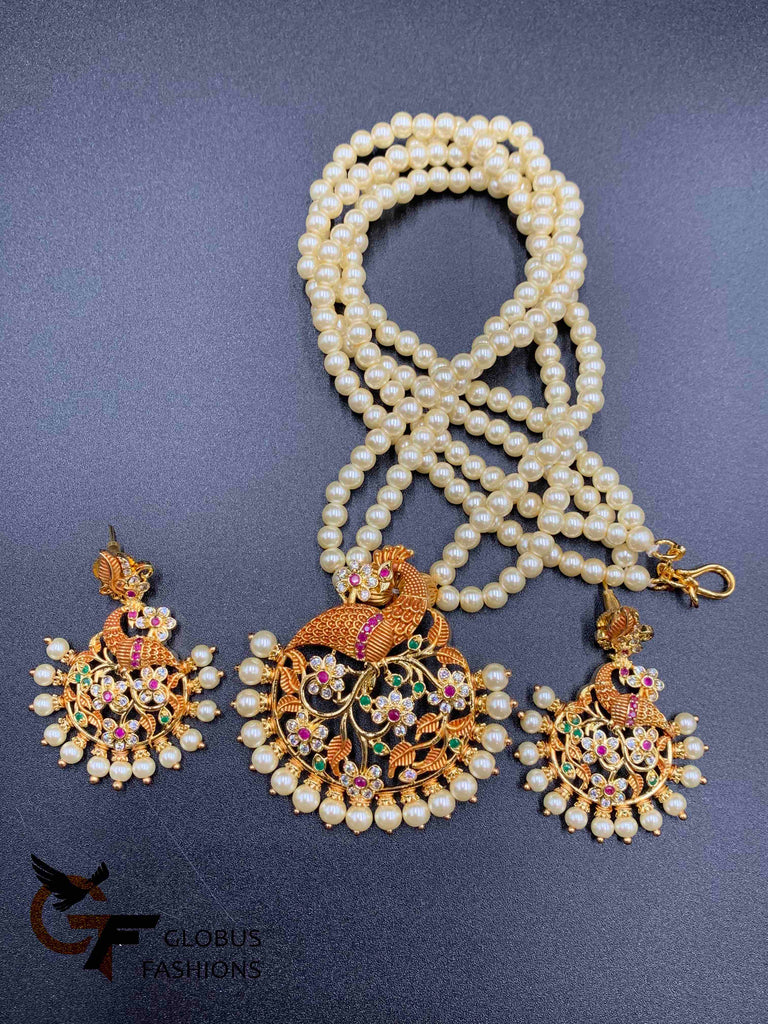 Multicolor stones with pearls peacock design pendant with pearls chain