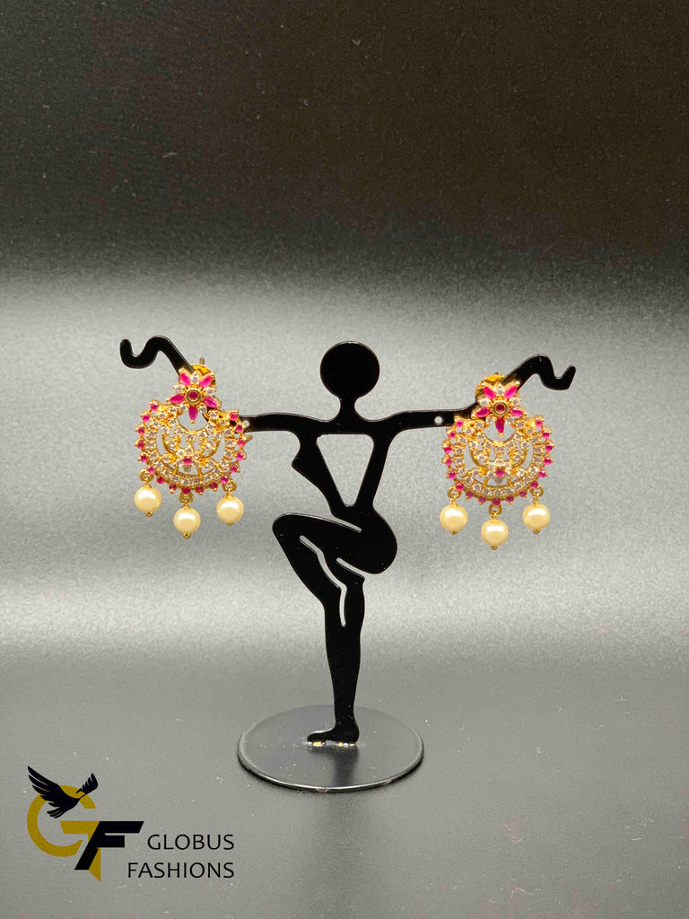Ruby stones and cz stones with pearls chandbali earrings