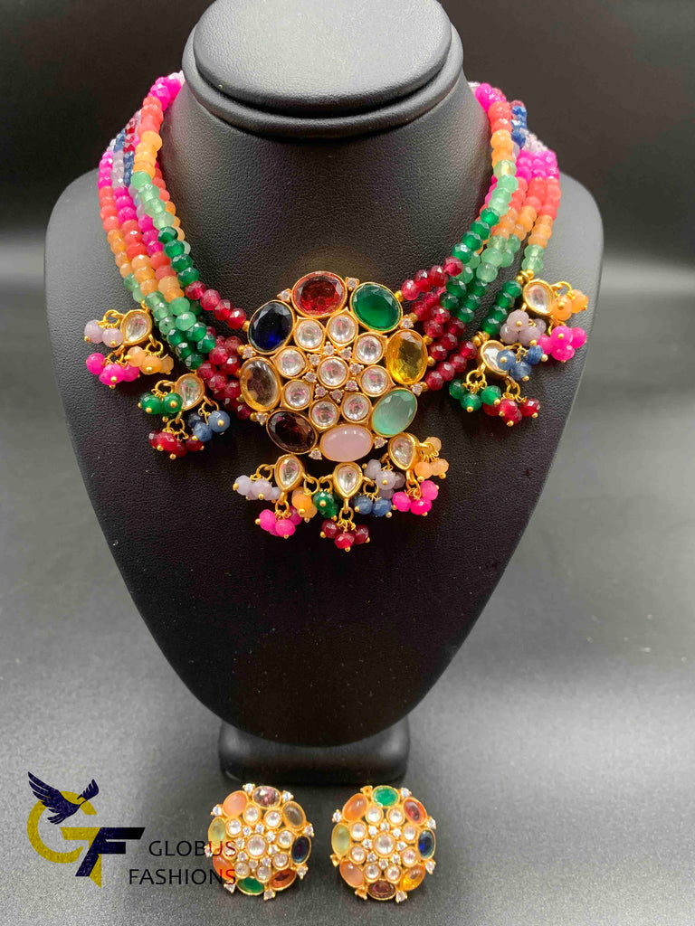 High quality multicolor Beads Chains with matching multicolor Stones pendant and earrings choker set