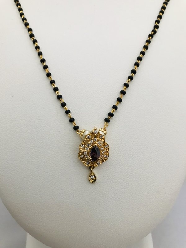 Simple single line black beads chain with small cz stones pendant - Globus Fashions