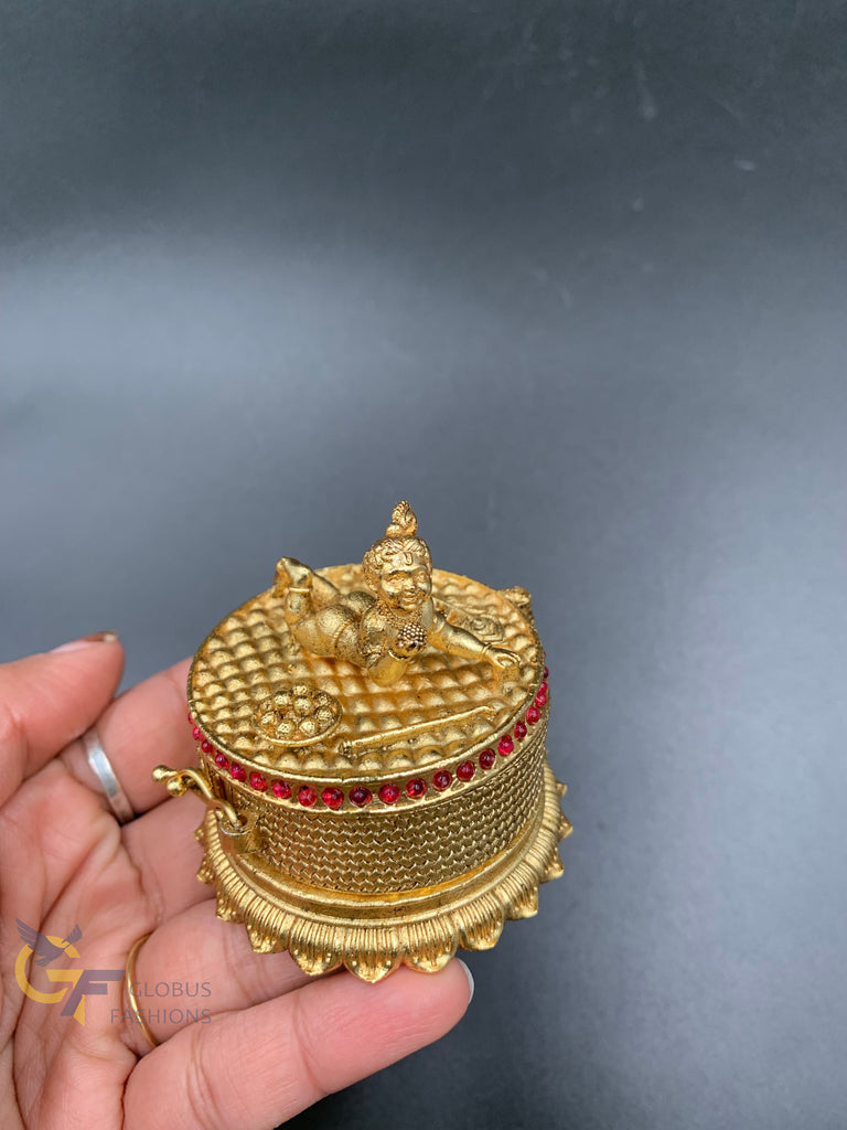 Ruby stones antique small Krishna sliding kumkum & turmeric box