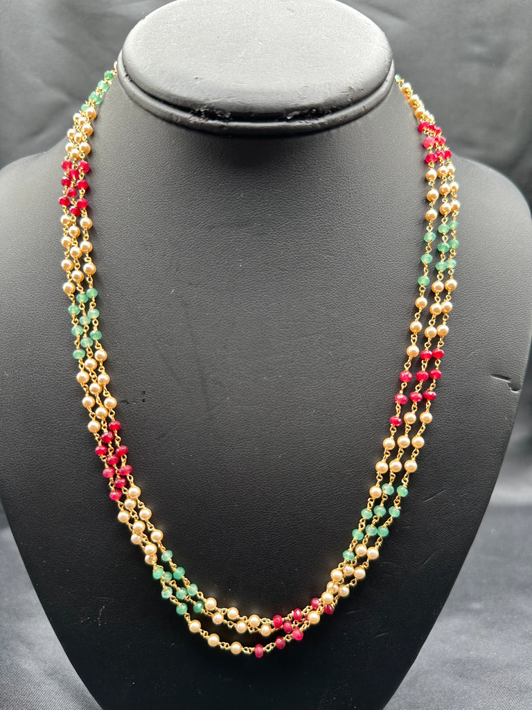 Swarovski pearls with Ruby & Emerald beads three three-line chain