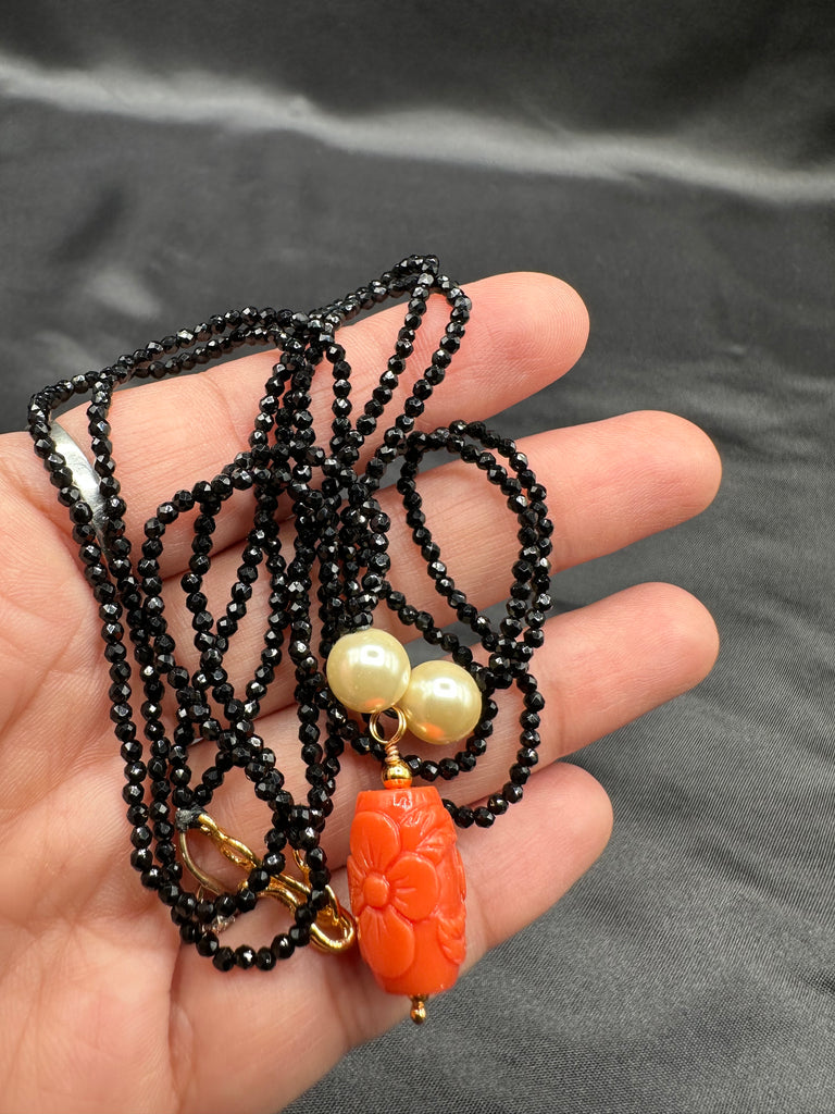 Coral flower carved bead pendant with black diamond beads chain