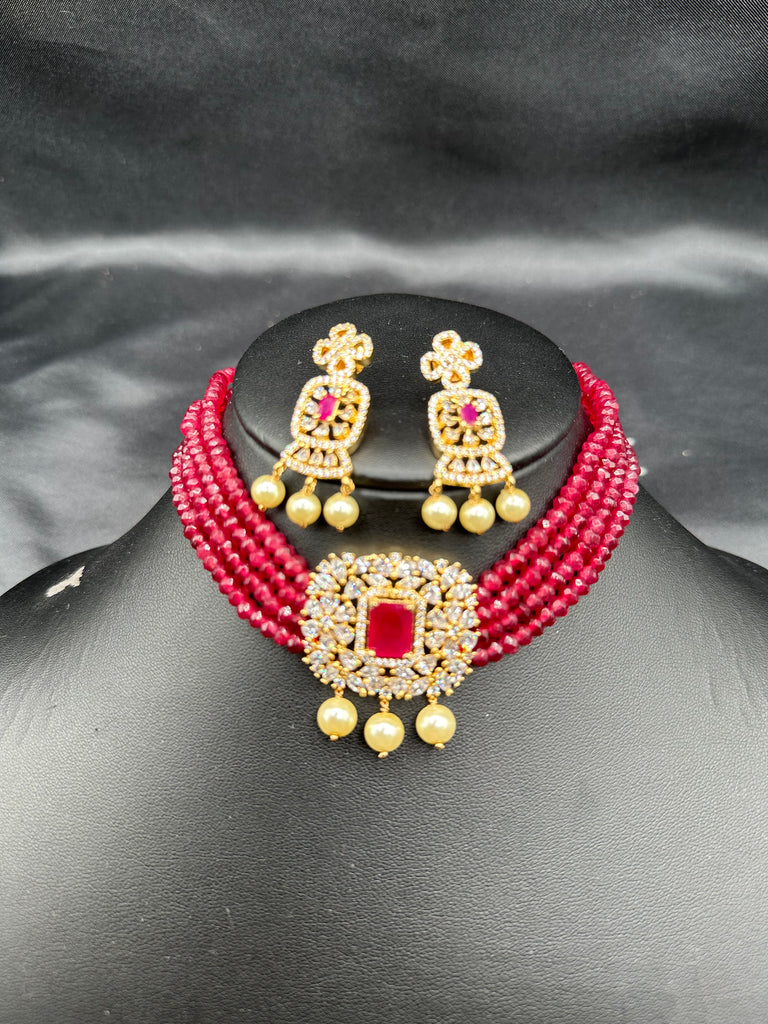 Ruby beads with CZ stones and pearls pendant with matching earrings