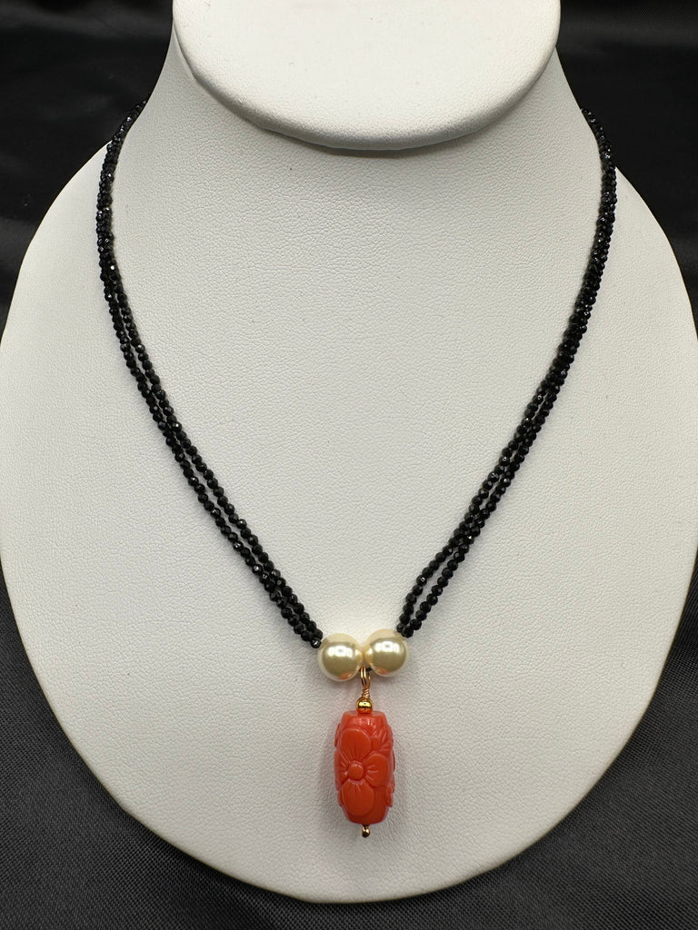 Coral flower carved bead pendant with black diamond beads chain