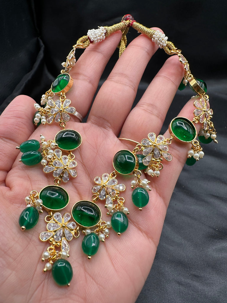 Emerald Stones with CZ stones necklace set