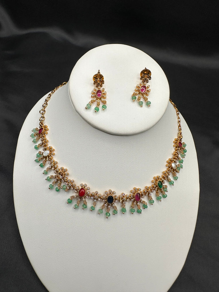 Uncut stones with Navarathna Stones simple necklace set