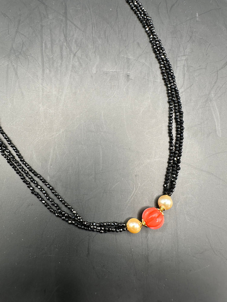 Plain high quality black diamond beads with real coral pumpkin shape bead pendant