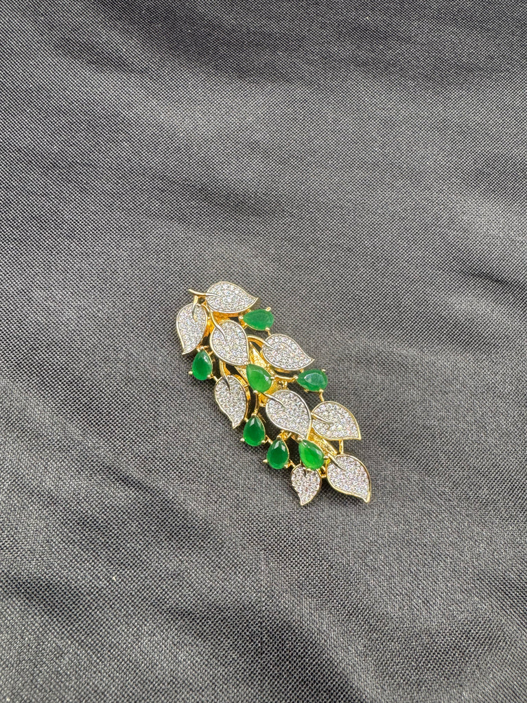 Leaf design emerald stones and cz Stones Saree pin/ brooch