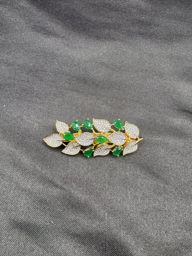 Leaf design emerald stones and cz Stones Saree pin/ brooch