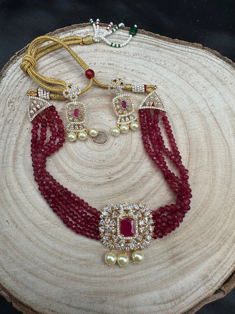 Ruby beads with CZ stones and pearls pendant with matching earrings