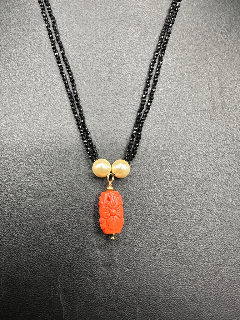 Coral flower carved bead pendant with black diamond beads chain