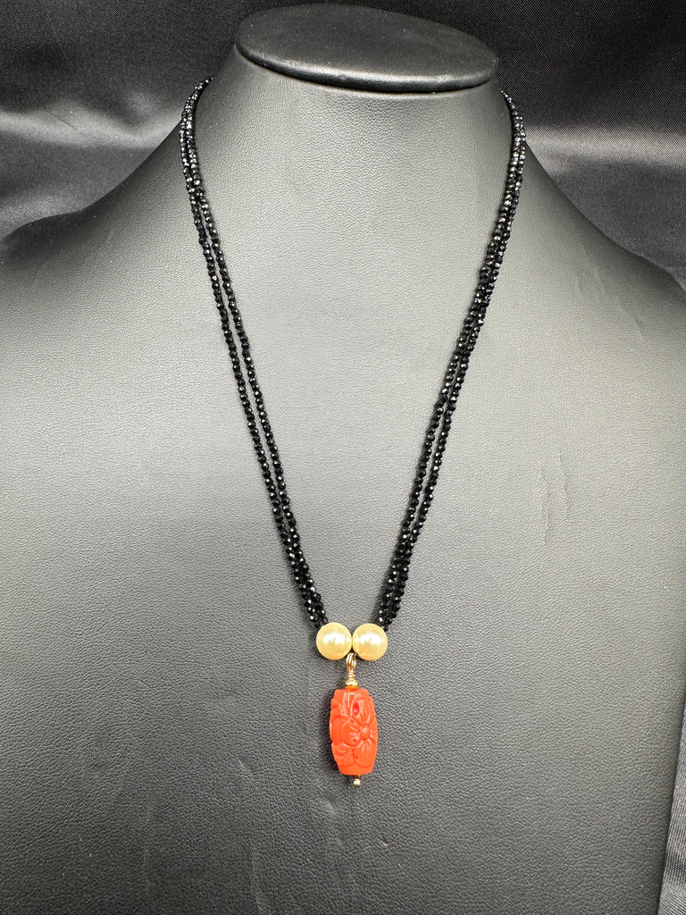 Coral flower carved bead pendant with black diamond beads chain