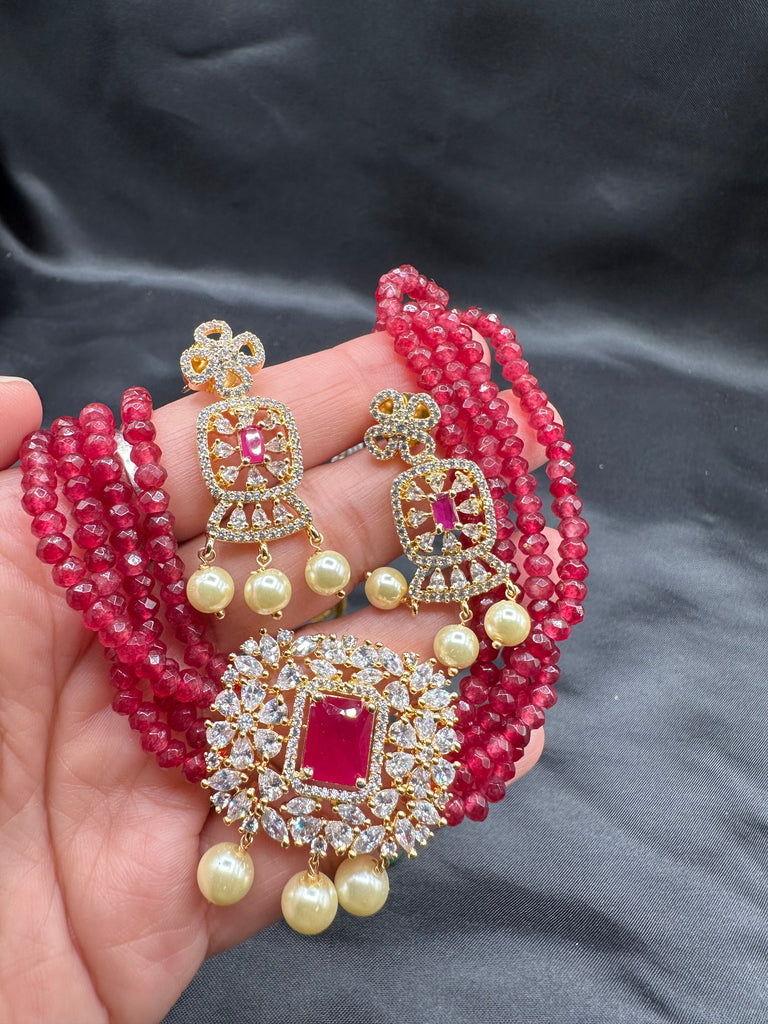 Ruby beads with CZ stones and pearls pendant with matching earrings