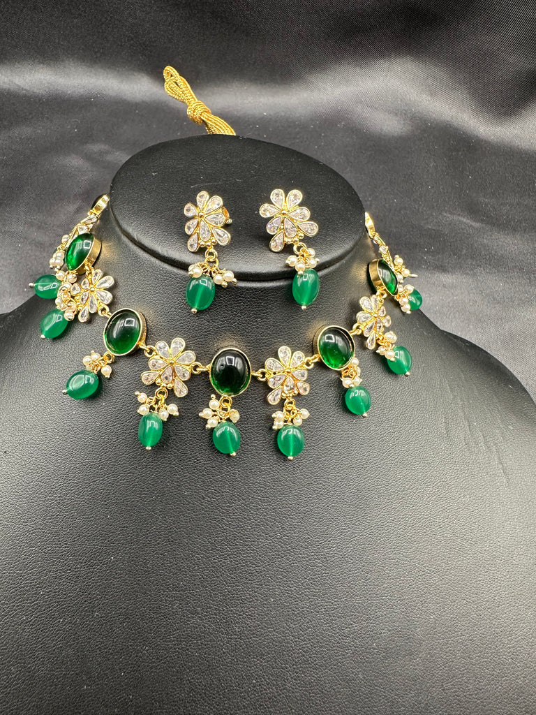 Emerald Stones with CZ stones necklace set