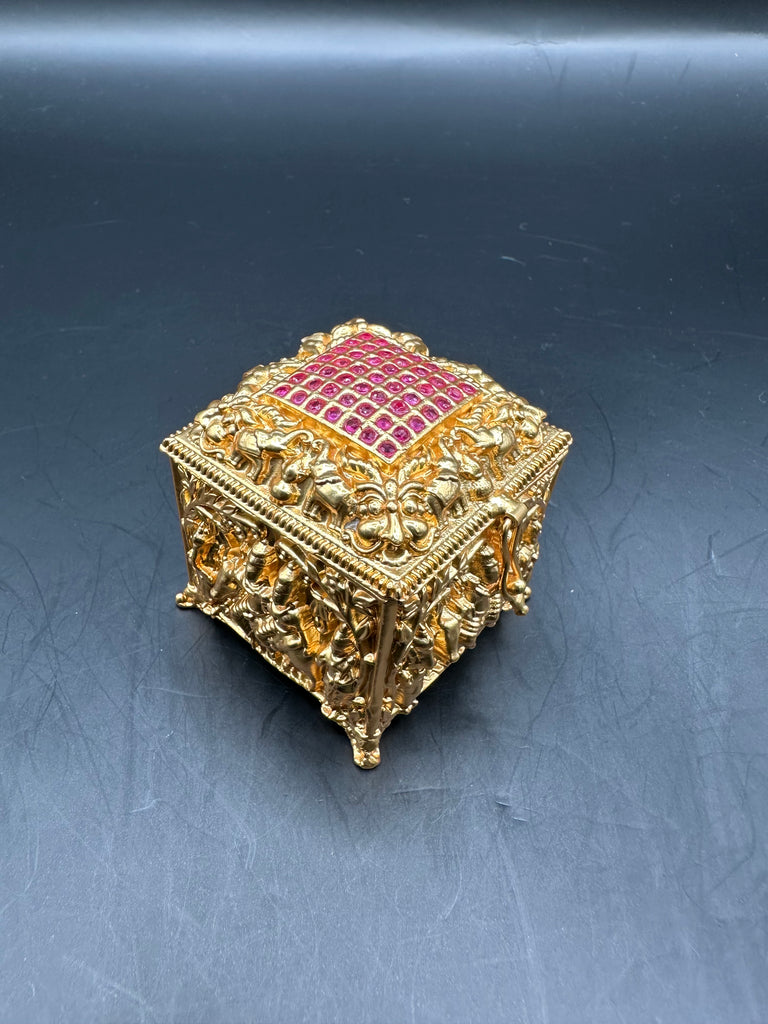 Siva & Parvathi parivar print with ruby stones square shape kumkum & Turmeric box