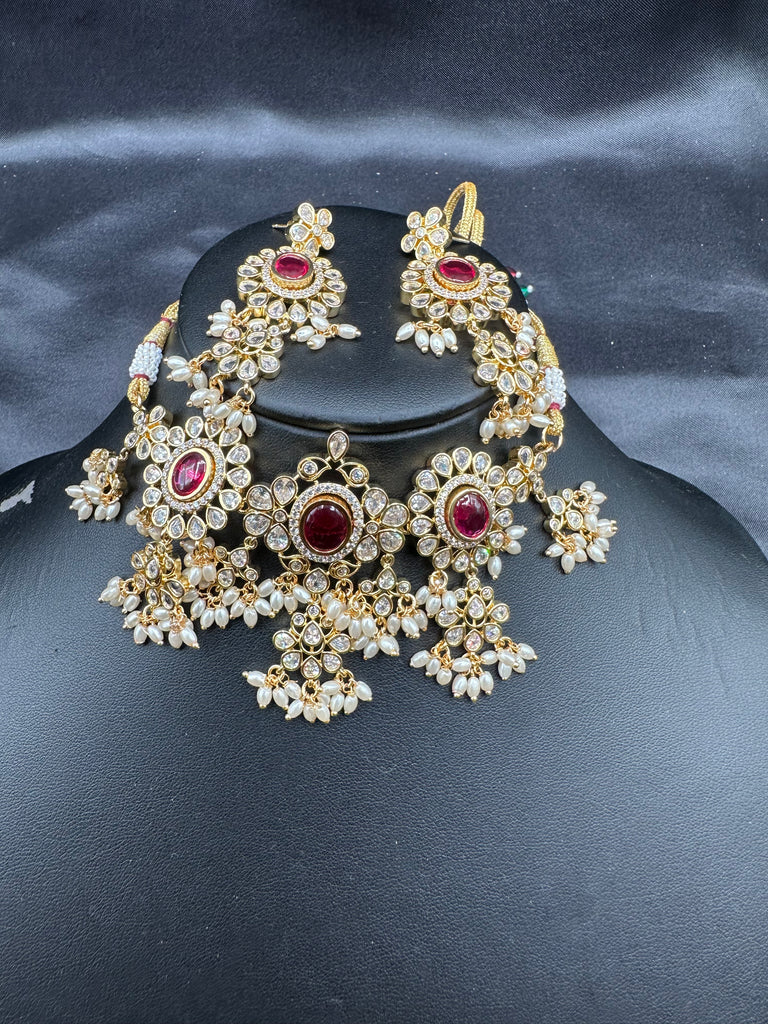 Pearls with ruby & emerald changeable stones choker set