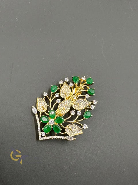 Emerald & cz stones saree pin/ brooch