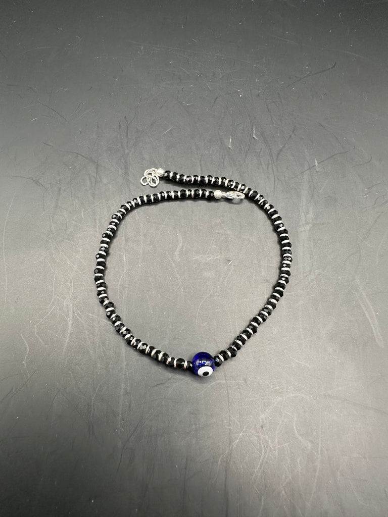 Evil eye and black crystal pure silver anklet