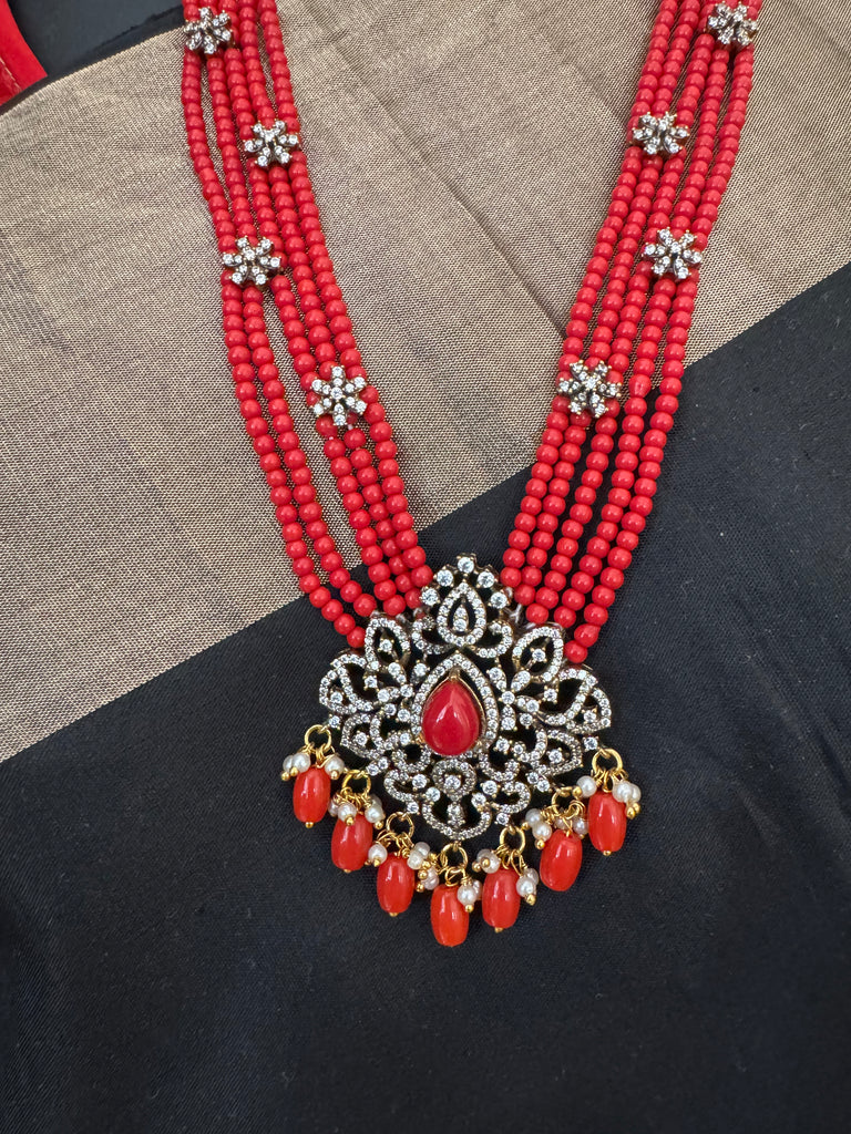 Elegant cz stones and Coral beads pendant set with matching jumka earrings