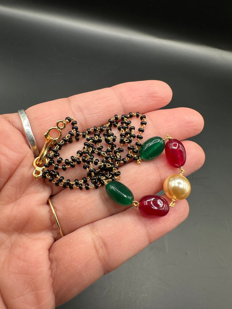 Natural Emerald & Ruby beads with pearls black beads chain