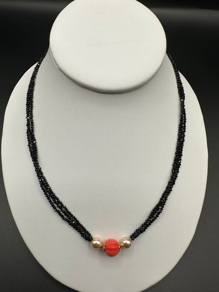 Plain high quality black diamond beads with real coral pumpkin shape bead pendant