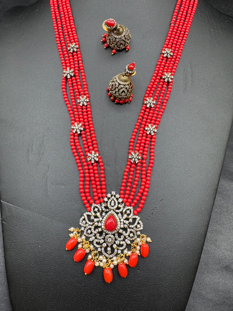 Elegant cz stones and Coral beads pendant set with matching jumka earrings