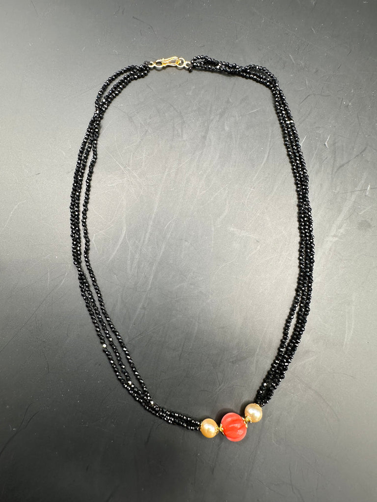 Plain high quality black diamond beads with real coral pumpkin shape bead pendant