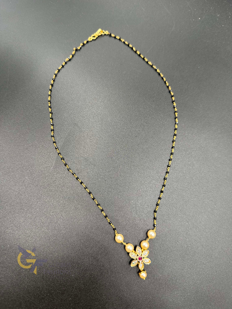 Pearls and Kundan Stones pendant with black beads chain