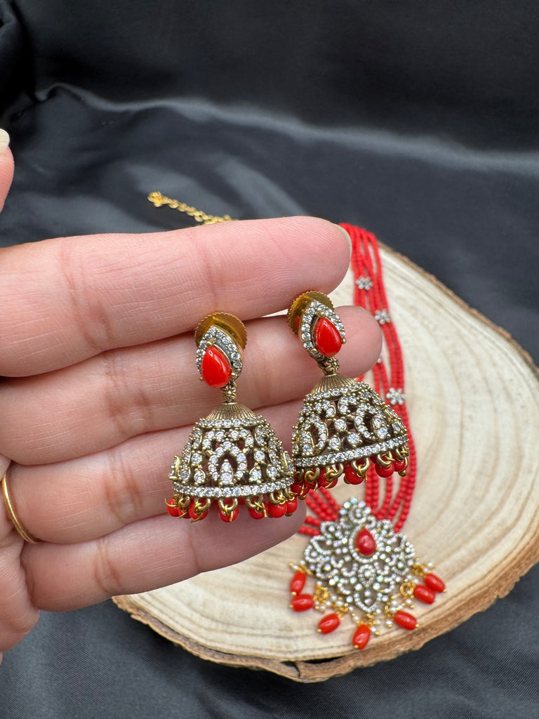 Elegant cz stones and Coral beads pendant set with matching jumka earrings