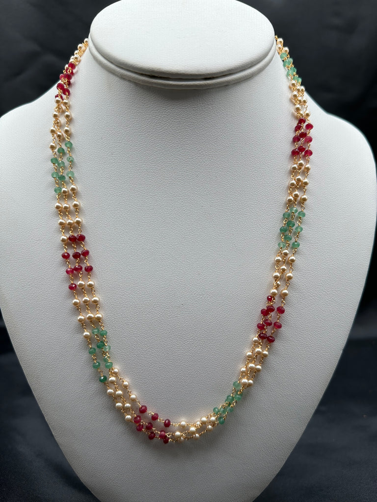 Swarovski pearls with Ruby & Emerald beads three three-line chain