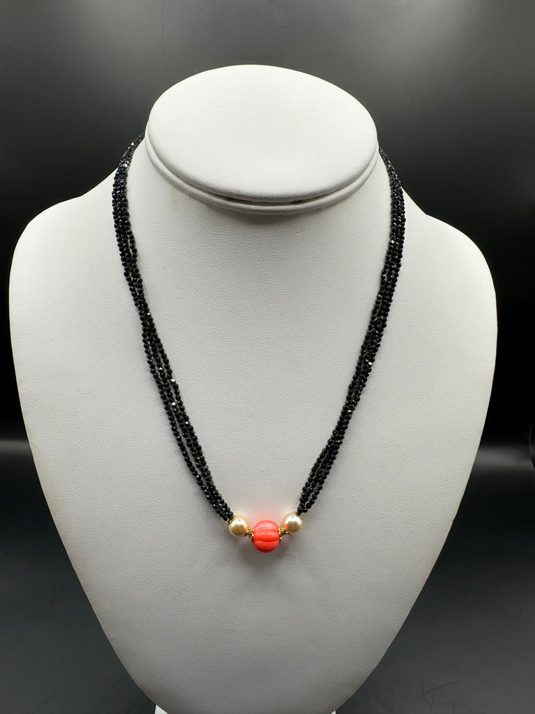 Plain high quality black diamond beads with real coral pumpkin shape bead pendant