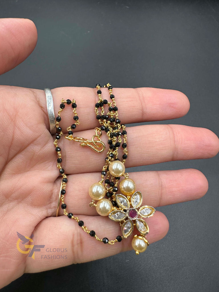 Pearls and Kundan Stones pendant with black beads chain