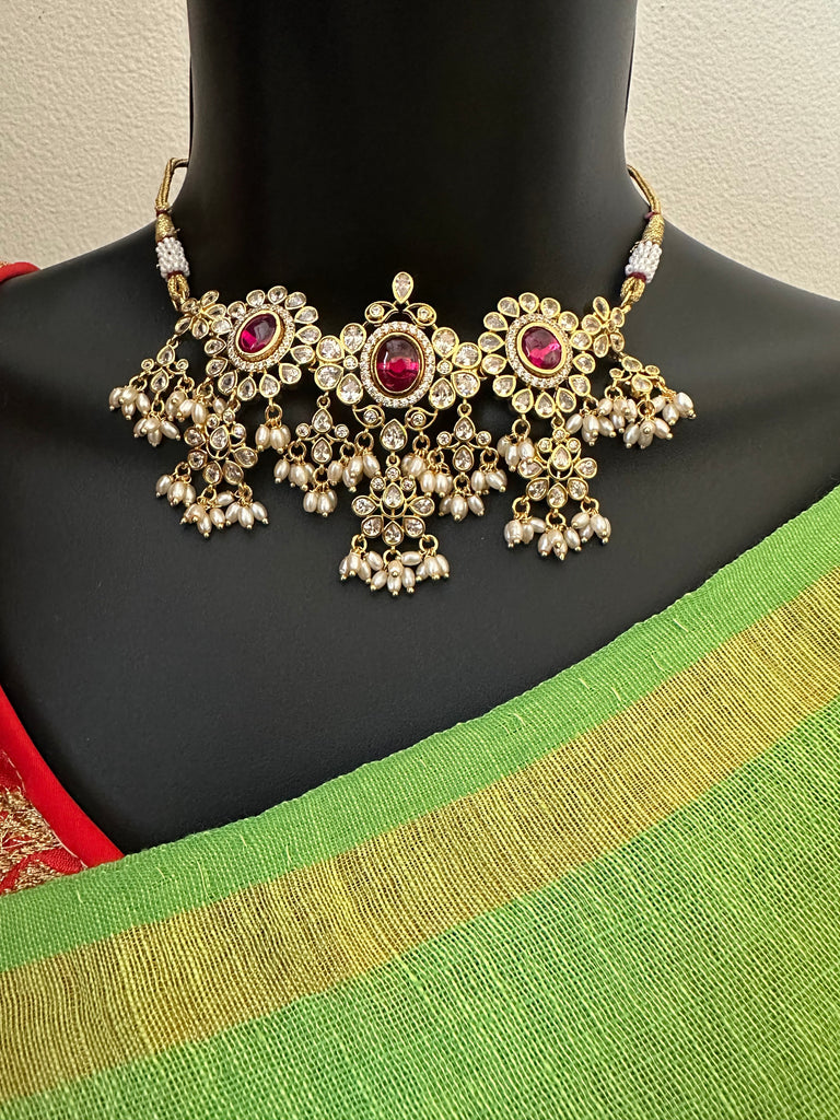 Pearls with ruby & emerald changeable stones choker set