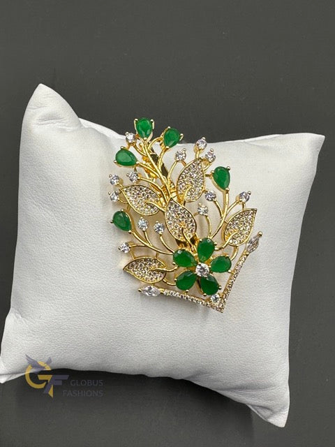 Emerald & cz stones saree pin/ brooch