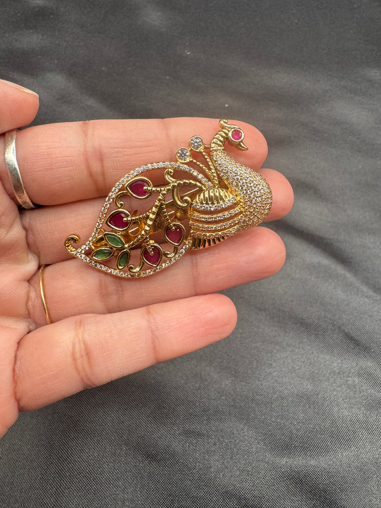 Multicolor Stones antique peacock design Saree pin/ brooch