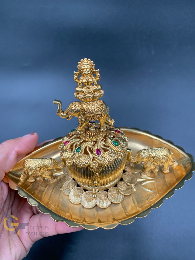 Gold plate with lakshmi print kumkum & Turmeric box