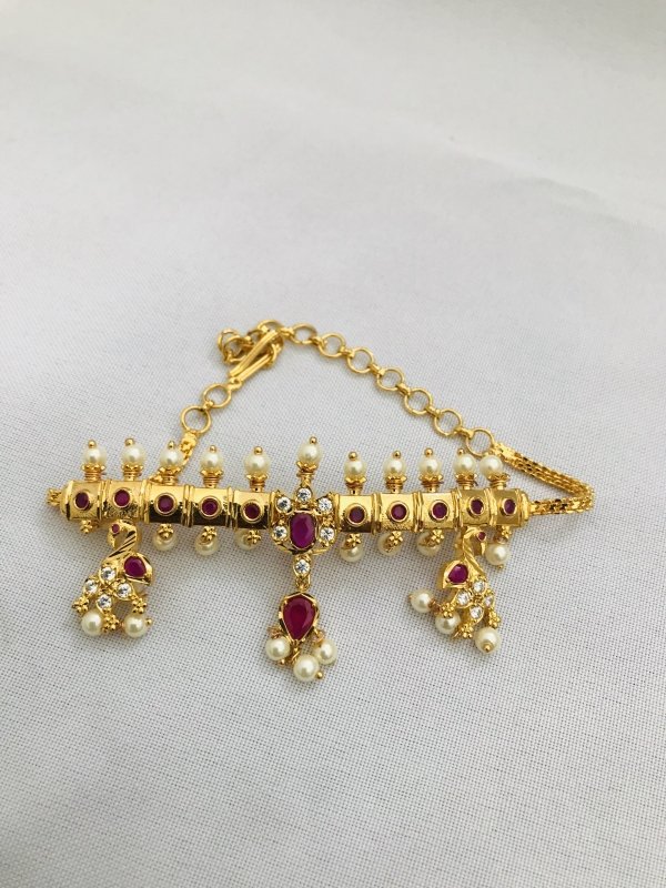 Cute cz stones with ruby and pearls chain type baju band - Globus Fashions